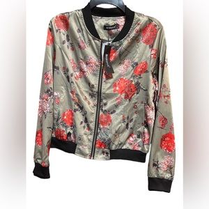 Lightweight shiny bomber jacket with a floral pattern